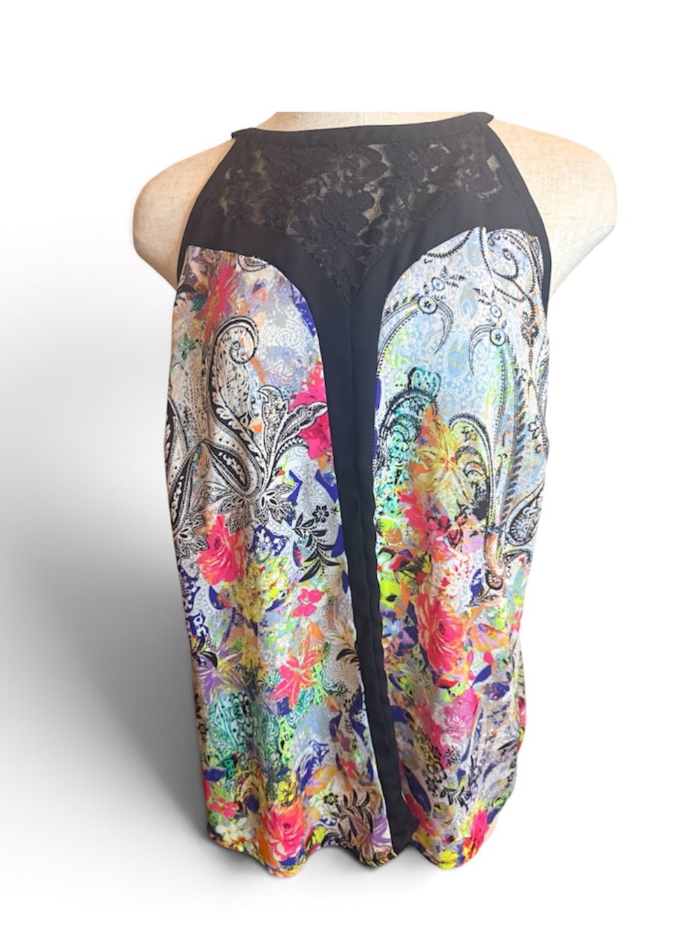 Nicole by Nicole Miller Black Lace Halter Camisole with Multicolor Floral Print